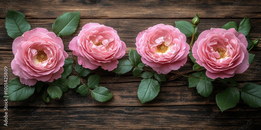 Delicate pink roses arranged on rustic wooden surface, showcasing their natural beauty and vibrant color against the warm, weathered background. Delicate pink roses arranged on rustic wooden surface, showcasing their natural beauty and vibrant color against the warm, weathered background.