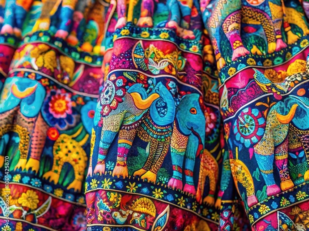 Fototapeta premium Colorful elephant print pants with vibrant patterns perfect for casual wear or summer fashion styles