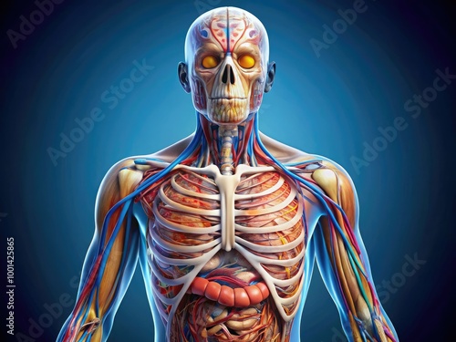 Detailed anatomical illustration of the human body with labeled organs, bones, and muscles, showcasing the intricate internal structure with surgical precision and vibrant colors. photo