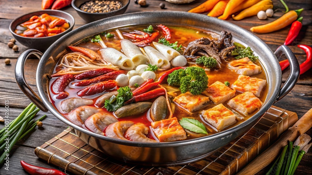 A vibrant hot pot filled with fresh vegetables, seafood, and meat, showcasing an array of colors and textures, perfect for a communal dining experience. A vibrant hot pot filled with fresh vegetables, seafood, and meat, showcasing an array of colors and textures, perfect for a communal dining experience.