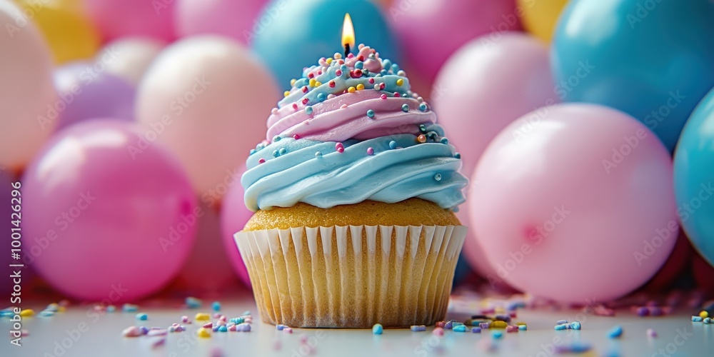 A single cupcake with blue and pink frosting and a lit candle, surrounded by pastel-colored balloons and colorful sprinkles. A single cupcake with blue and pink frosting and a lit candle, surrounded by pastel-colored balloons and colorful sprinkles.