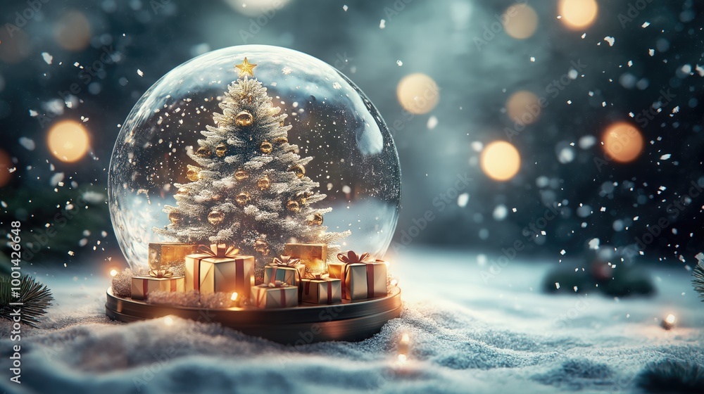 A beautifully decorated Christmas tree inside a snow globe with presents and a snowy background. A beautifully decorated Christmas tree inside a snow globe with presents and a snowy background.