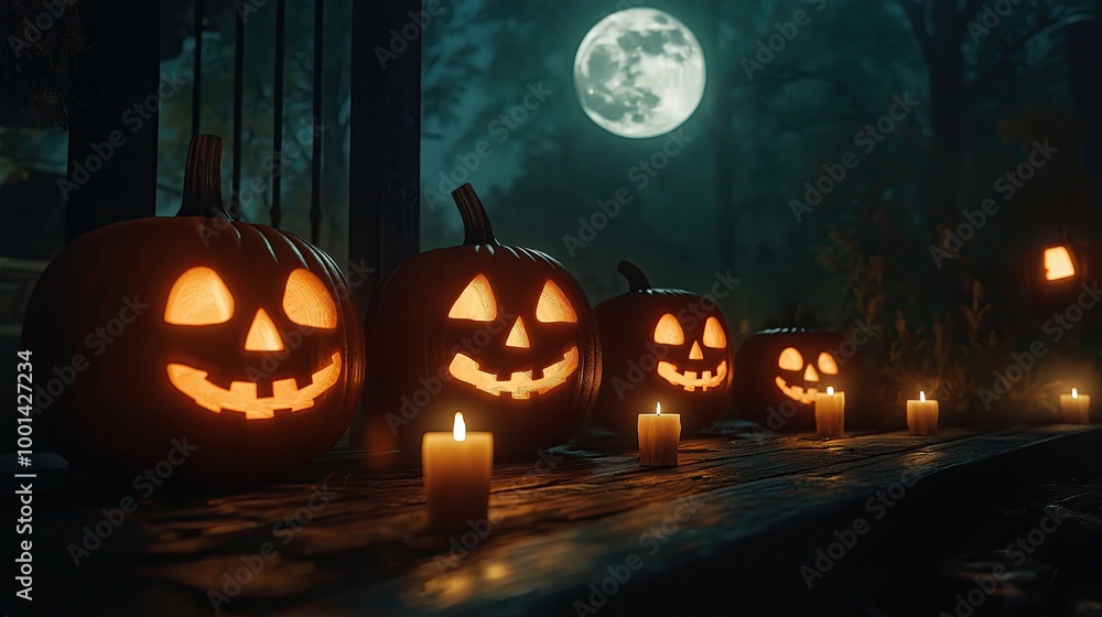 Fototapeta premium A row of carved pumpkins with smiling faces, illuminated by candles under a full moon.