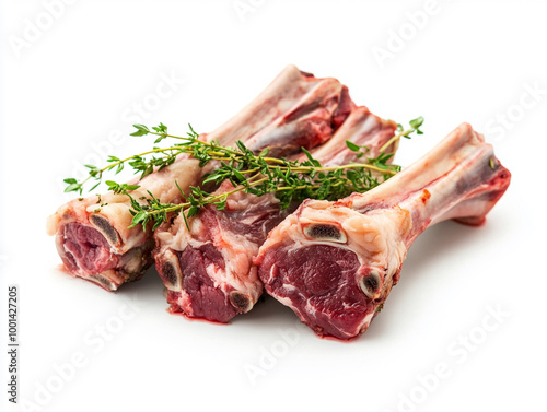 Pieces of meat with a bunch of rosemary on top. 