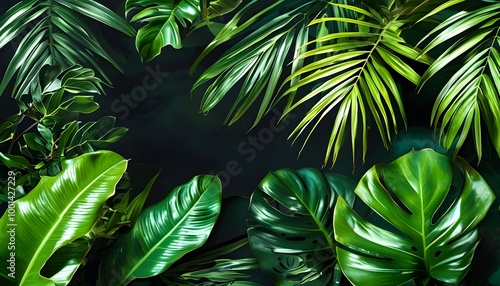 Vibrant green tropical monstera leaves on a dark backdrop, ideal for nature-inspired and botanical design themes photo