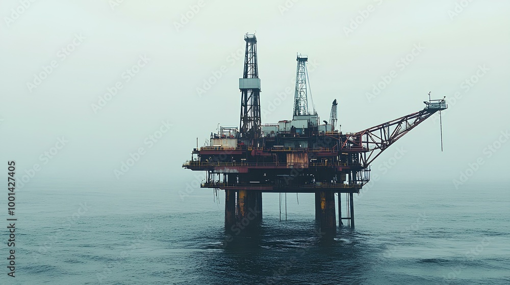 A large offshore oil rig stands against a hazy sky, surrounded by vast water, showcasing industrial engineering in a marine environment. A large offshore oil rig stands against a hazy sky, surrounded by vast water, showcasing industrial engineering in a marine environment.