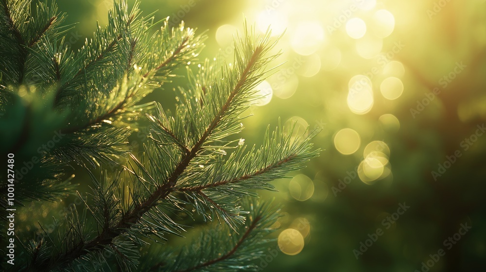 A close-up of a pine tree branch illuminated by soft sunlight, creating a serene atmosphere. A close-up of a pine tree branch illuminated by soft sunlight, creating a serene atmosphere.