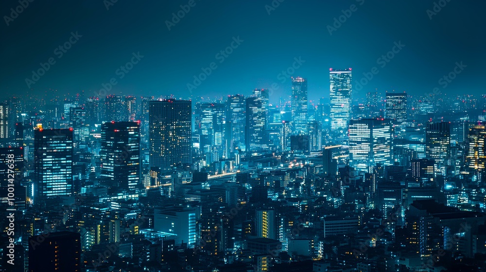 Naklejka premium A vibrant city skyline illuminated by blue lights, showcasing tall buildings and a dynamic urban atmosphere at night.