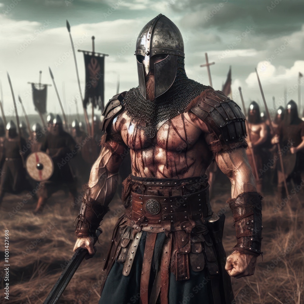 Fototapeta premium A brave warrior in a helmet against the background of his army.