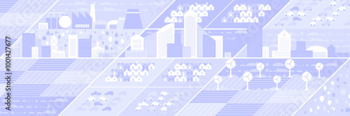 Cityscape panorama. Megapolis city view. Smart city. Urban landscape with many building. Collection of houses, skyscrapers, buildings, supermarkets with streets and traffic. Vector illustration