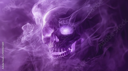 A detailed skull surrounded by swirling purple smoke, creating a mysterious atmosphere.