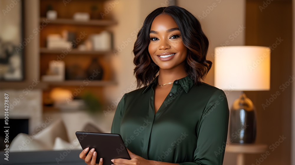 Smiling African woman real estate agent with wavy hair in dark green blouse with a tablet in a sleek, stylish living room. Copy space. Smiling African woman real estate agent with wavy hair in dark green blouse with a tablet in a sleek, stylish living room. Copy space.