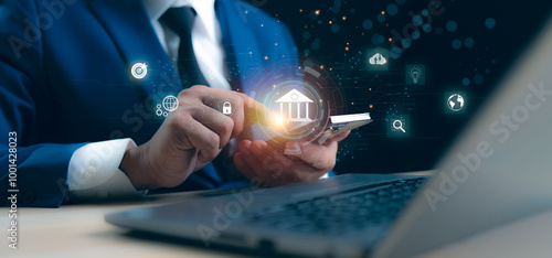 Business banking financial stock market concept. Businessman analyzing financial data stock market. Business finance stock bar chart Hologram. Business success and growth, economic growth graph.