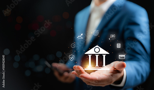 Business banking financial stock market concept. Businessman analyzing financial data stock market. Business finance stock bar chart Hologram. Business success and growth, economic growth graph.