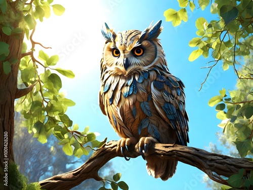 An owl is sitting on a branch with mountains in the background.