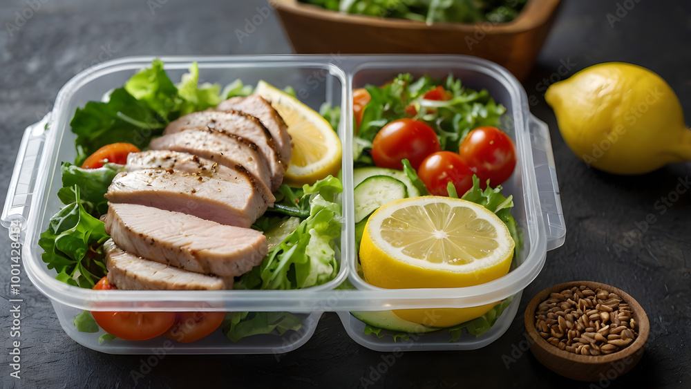 Healthy Fitness Meal with Grilled Chicken, Fresh Vegetables, and Lemon Slice in a Transparent Container for Balanced Nutrition. Healthy Fitness Meal with Grilled Chicken, Fresh Vegetables, and Lemon Slice in a Transparent Container for Balanced Nutrition.