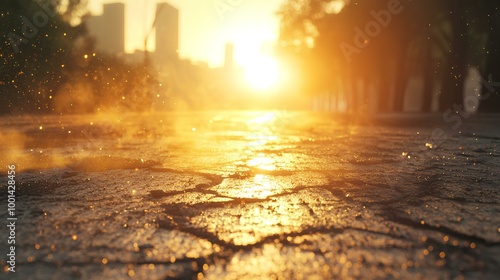 The image captures a warm sunset illuminating a cracked pavement, with mist rising in the air, creating a serene and atmospheric scene.