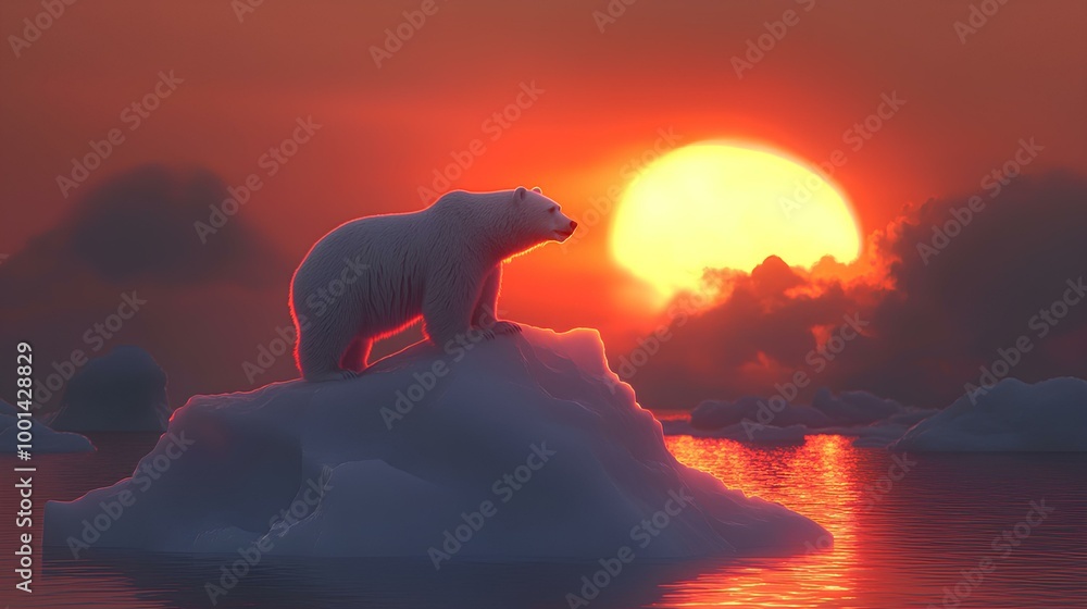 A polar bear stands on an ice floe at sunset, silhouetted against vibrant orange and pink skies reflecting off tranquil waters. A polar bear stands on an ice floe at sunset, silhouetted against vibrant orange and pink skies reflecting off tranquil waters.