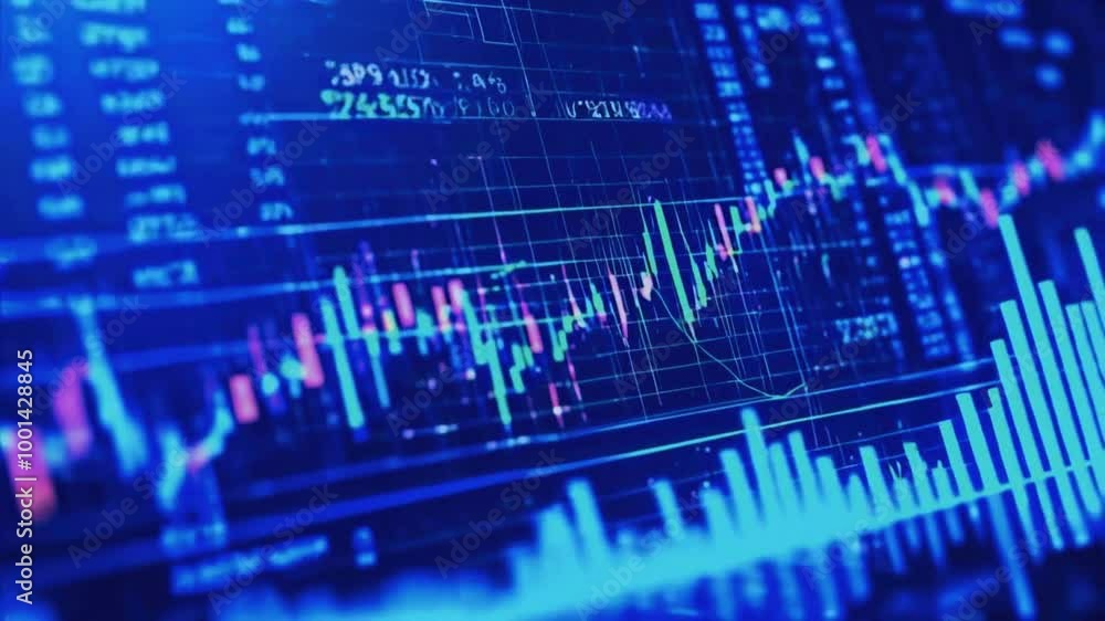 A glowing candlestick chart various financial periods. The chart zooms in and out dynamically, bullish and bearish trends on a blue gradient grid, 4k Stock Market Background Animation Video A glowing candlestick chart various financial periods. The chart zooms in and out dynamically, bullish and bearish trends on a blue gradient grid, 4k Stock Market Background Animation Video