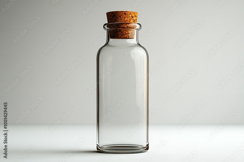 A clear glass bottle with a cork stopper A clear glass bottle with a cork stopper