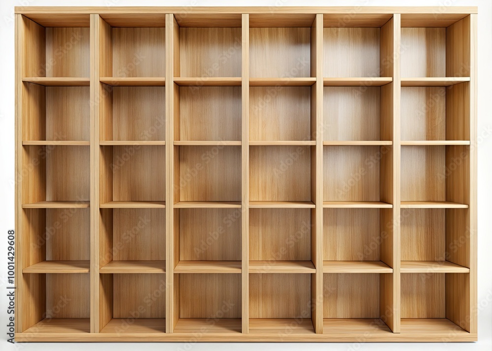 Empty wooden bookcase with five rows of identical blank spaces, perfect for adding text, images, or custom designs, sits against a clean white background. Empty wooden bookcase with five rows of identical blank spaces, perfect for adding text, images, or custom designs, sits against a clean white background.