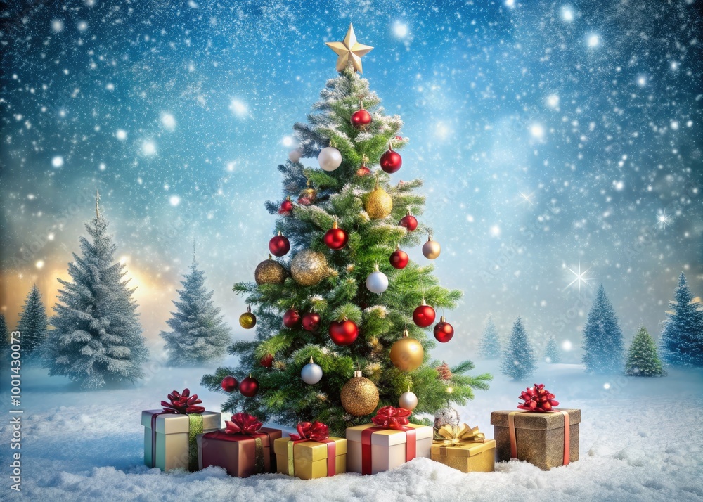 Obraz premium Festive Christmas Scene With Decorated Tree, Presents, And Ornaments Atop A Snowy Background