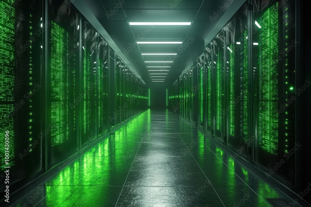 Fototapeta premium Modern Data Center with Green LED Lights and High-Tech Server Racks in a Secure Facility