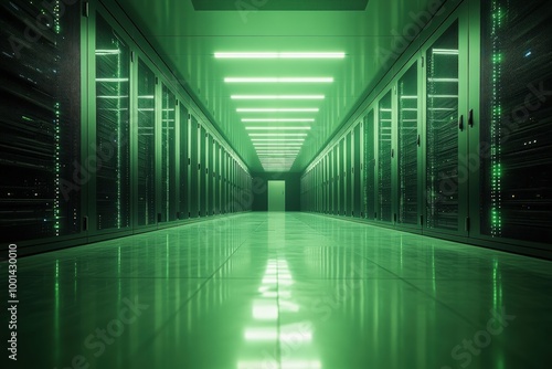 Modern Data Center with Green LED Lighting and Server Racks in a Symmetrical Perspective