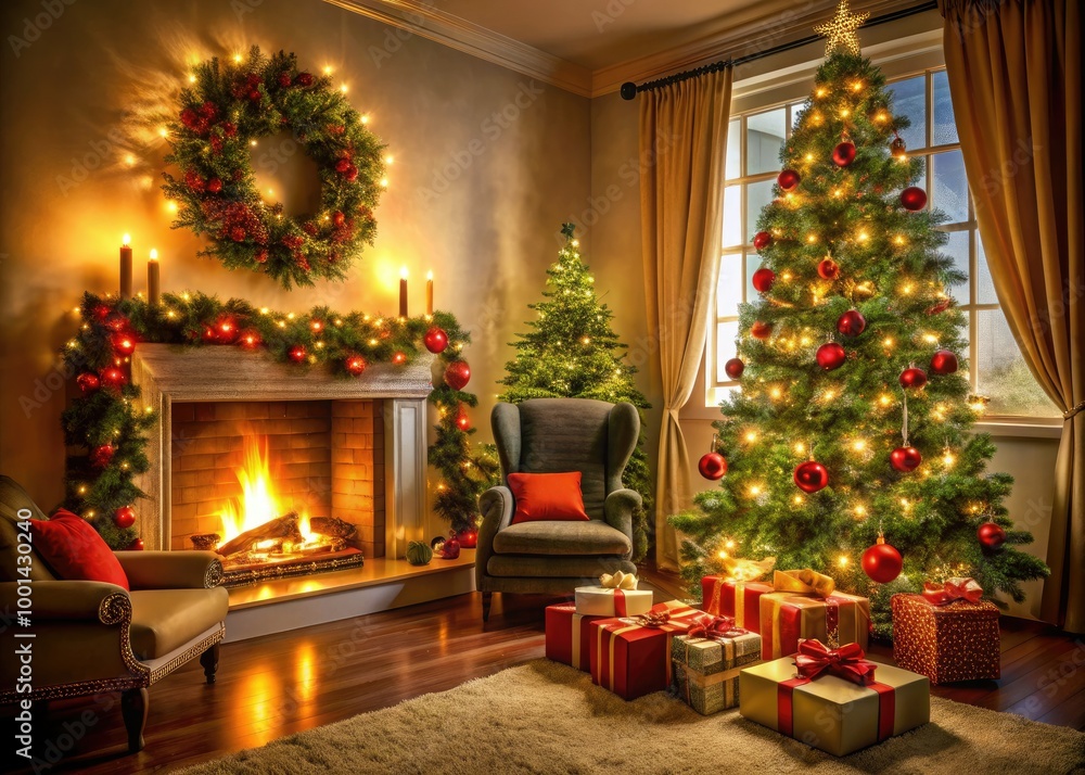 Festive living room scene featuring decorated Christmas tree, twinkling lights, garland, and festive ornaments, with presents and holly surrounding a warm fireplace. Festive living room scene featuring decorated Christmas tree, twinkling lights, garland, and festive ornaments, with presents and holly surrounding a warm fireplace.