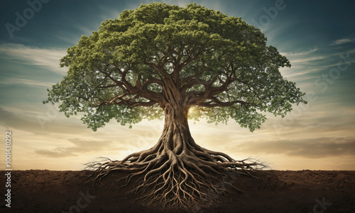 A large tree with sprawling roots stands against a cloudy sky, its branches reaching upwards