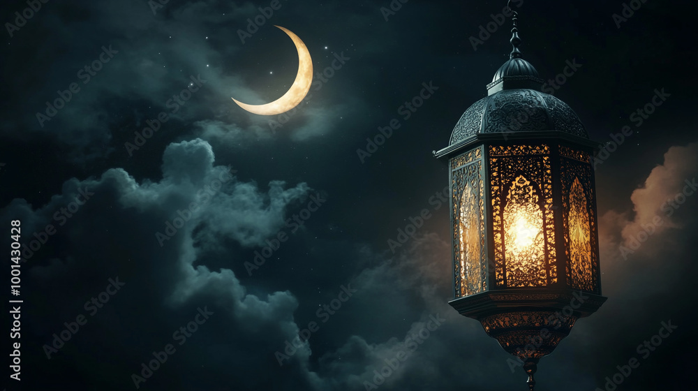 Ramadan background, with ample copy space for text and graphics, a lantern, and a dark theme. Ramadan background, with ample copy space for text and graphics, a lantern, and a dark theme.