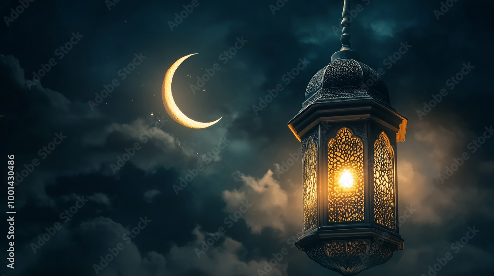 Ramadan background, with ample copy space for text and graphics, a lantern, and a dark theme. Ramadan background, with ample copy space for text and graphics, a lantern, and a dark theme.