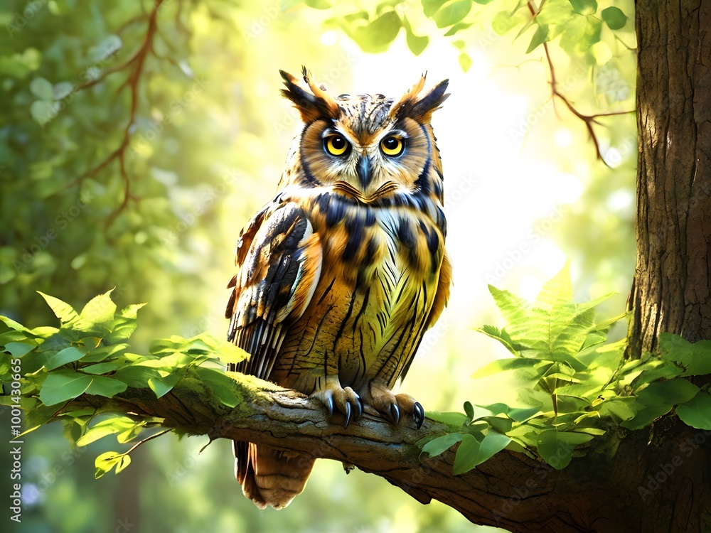 An owl is sitting on a branch with mountains in the background. An owl is sitting on a branch with mountains in the background.