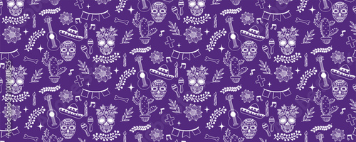 day of the dead skull hat flower decoration background dia de muertos seamless pattern