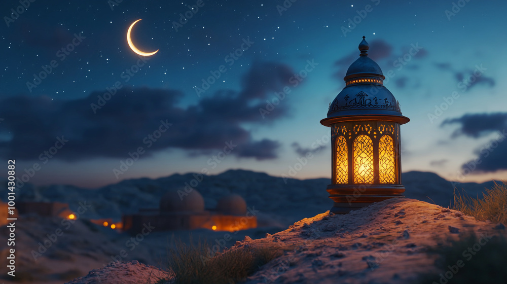 Naklejka premium Ramadan background, with ample copy space for text and graphics, a lantern, and a dark theme.