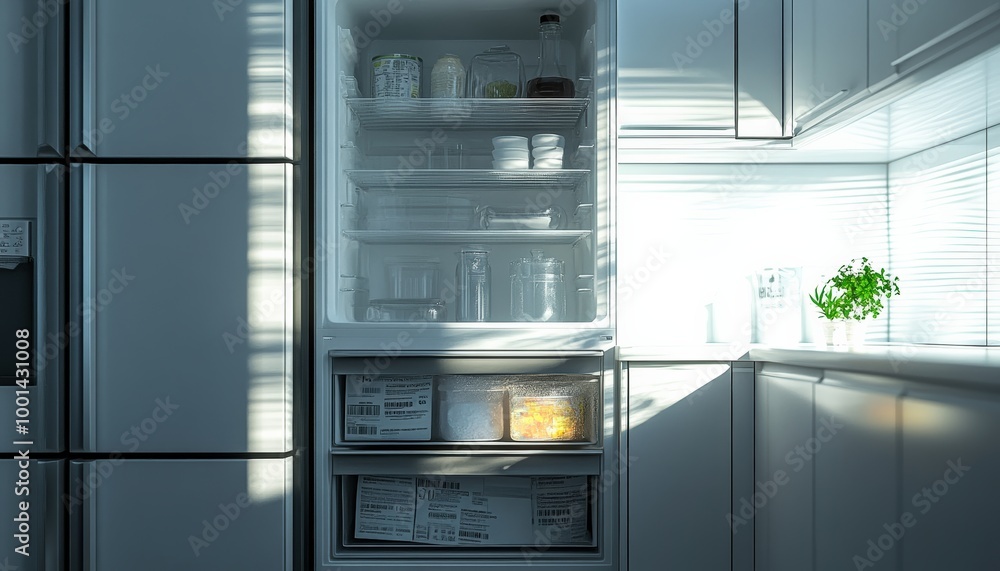 Modern Kitchen with Open Refrigerator Filled with Groceries and Sunlight Streaming Through Window Modern Kitchen with Open Refrigerator Filled with Groceries and Sunlight Streaming Through Window