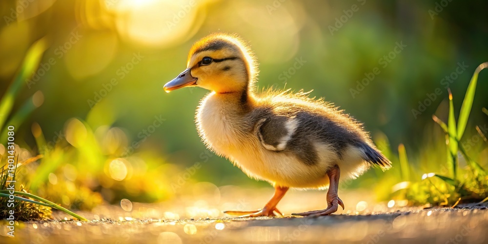 Obraz premium Cute duckling walking on a sunny day, exploring its surroundings in a serene natural setting