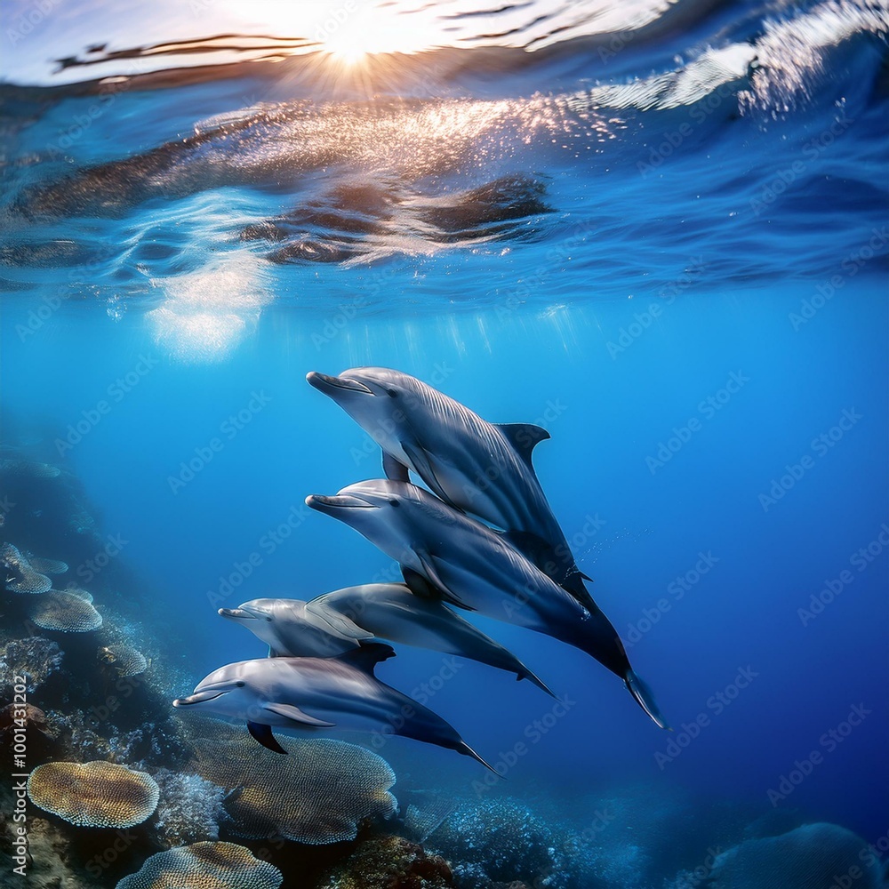 Obraz premium 海を背に、数頭の青いイルカが弧を描くように飛び跳ねている。太陽の光が水面に反射し、イルカの視線な体がキラキラと輝きながら、楽しそうに海を駆け抜けていく瞬間 