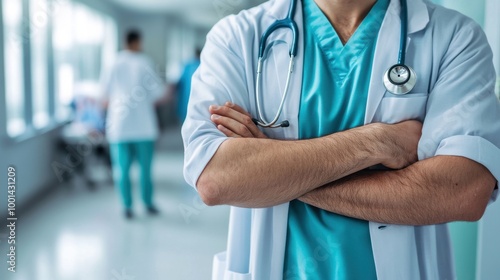 Friendly doctor with stethoscope in hospital setting