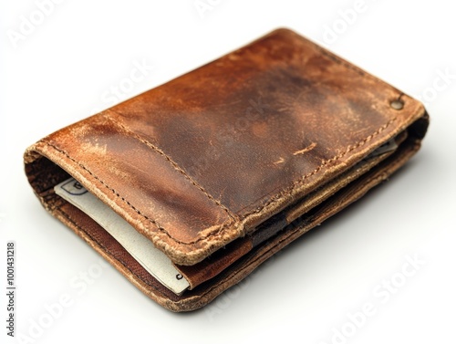 Vintage Leather Wallet with Worn Texture and Folded Design on White Background