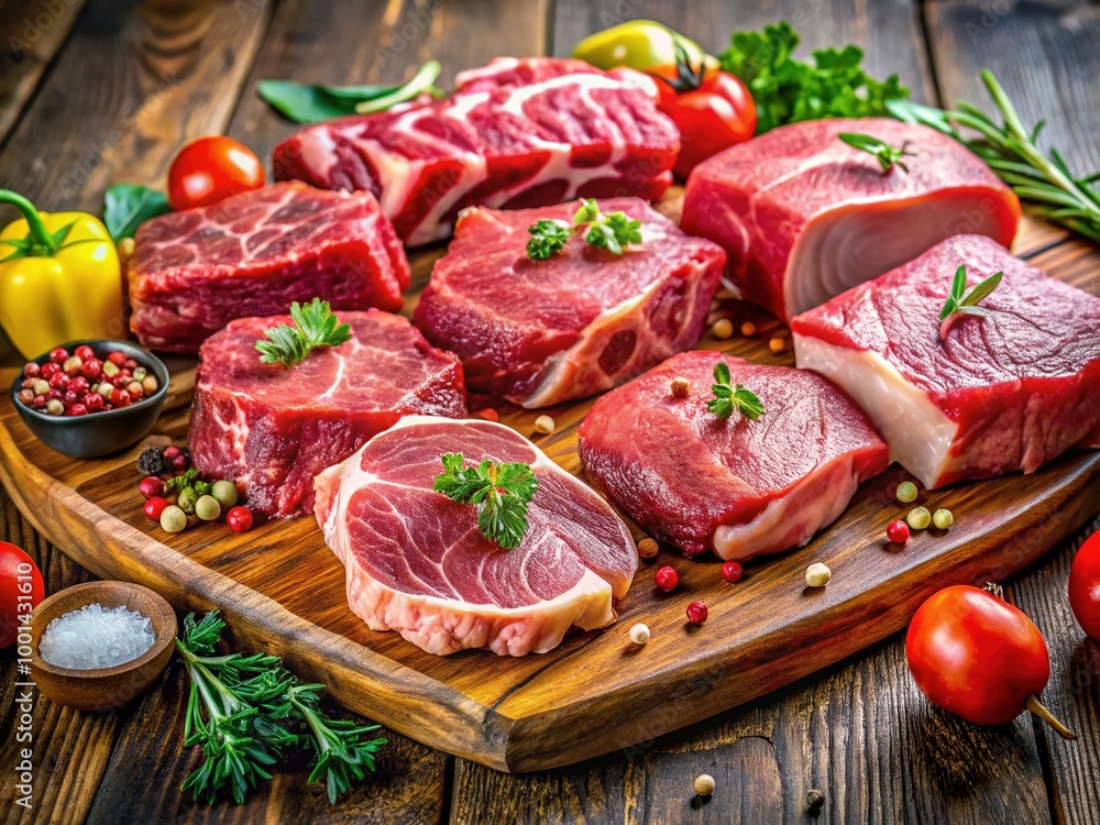 Delicious and Juicy Meat Cuts on a Wooden Board Ready for Cooking and Grilling in the Kitchen Delicious and Juicy Meat Cuts on a Wooden Board Ready for Cooking and Grilling in the Kitchen