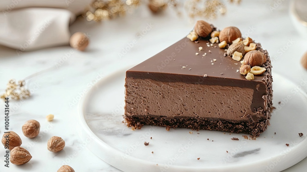 a piece of a cake made only by chocolate decorated with little nuts on top on a pristine white marble desk. The background is neutral and clean, a piece of a cake made only by chocolate decorated with little nuts on top on a pristine white marble desk. The background is neutral and clean,