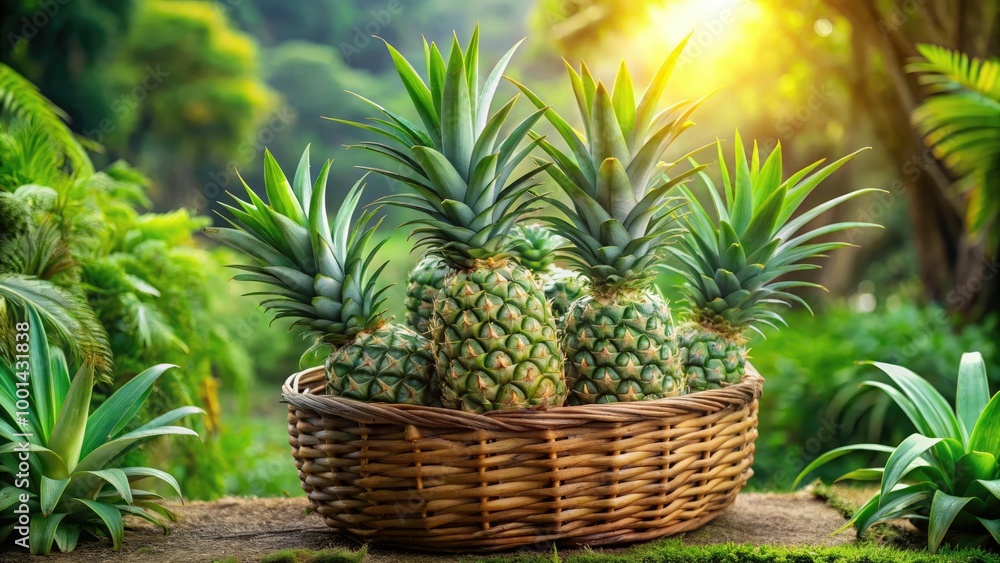 Fototapeta premium Fresh bright green pineapple tops sprout from a bundle of young pineapple plants, nestled in a wicker basket, surrounded by lush greenery and natural tones.