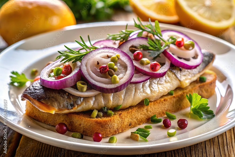 Delicious Herring Bismarck with Onions, Spices, and Garnishes Served on a White Plate Delicious Herring Bismarck with Onions, Spices, and Garnishes Served on a White Plate