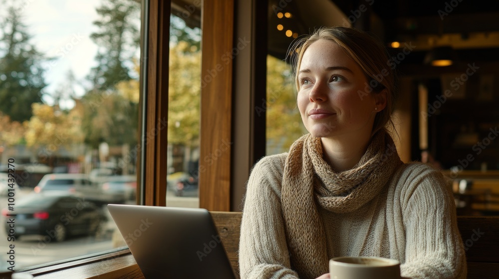 Woman Working Remotely in Cozy Coffee Shop Setting Woman Working Remotely in Cozy Coffee Shop Setting