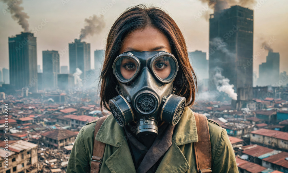 A woman wears a gas mask in a city filled with smoke and pollution A woman wears a gas mask in a city filled with smoke and pollution