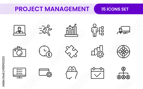 Project Management web icons in line style. Outline icon collection related to Schedule, human resource, management, development, planning, and more.