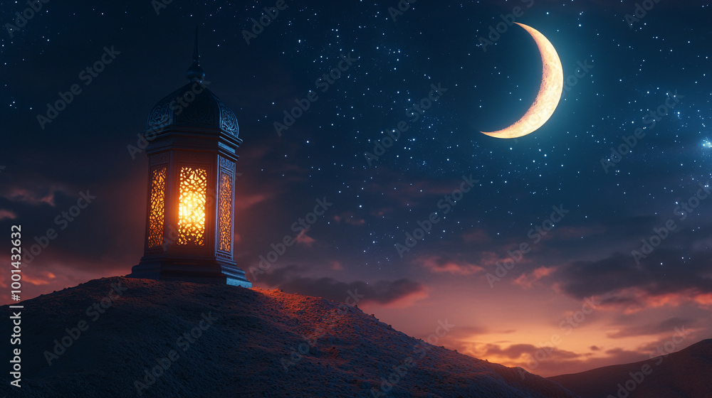 Fototapeta premium Ramadan background, with ample copy space for text and graphics, a lantern, and a dark theme.