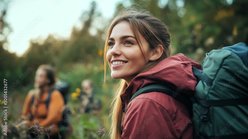 A woman with a backpack is smiling in a field. Scene is happy and carefree.Generative ai illustration. A woman with a backpack is smiling in a field. Scene is happy and carefree.Generative ai illustration.