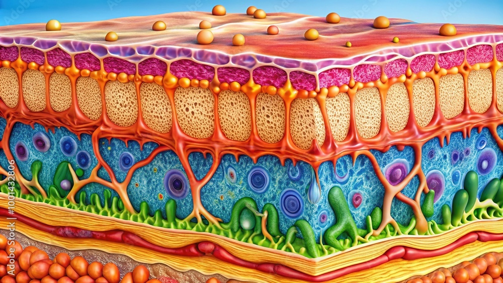 Detailed Diagram of Skin Structure Showing Layers, Cells, and Functions for Educational Purposes Detailed Diagram of Skin Structure Showing Layers, Cells, and Functions for Educational Purposes